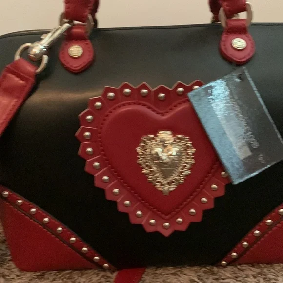 Love Moschino red and black studded leather satchel purse with logo - Picture 3 of 9